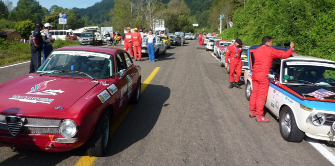 La Carrera Panamericana race cars queued up at start of the next leg of the race